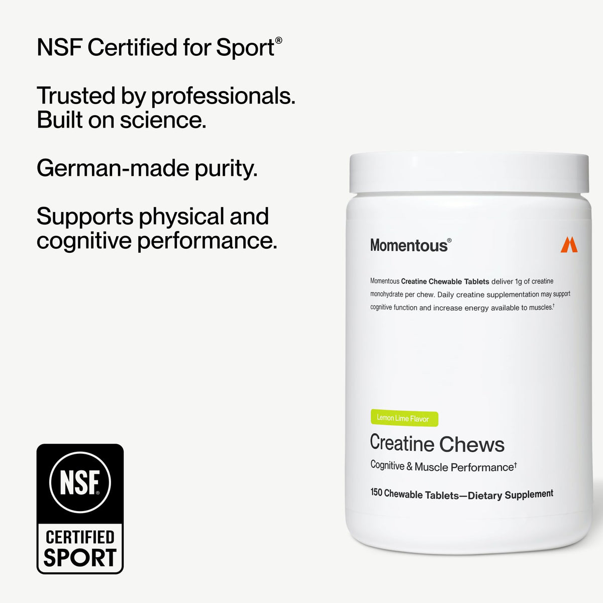 Momentous Creatine Chews - Creatine Monohydrate - Supports Strength, Lean Muscle, & Recovery for Men & Women - NSF Certified for Sport - 150 Chewable Tablets - Lemon Lime - FENGGESTORE20