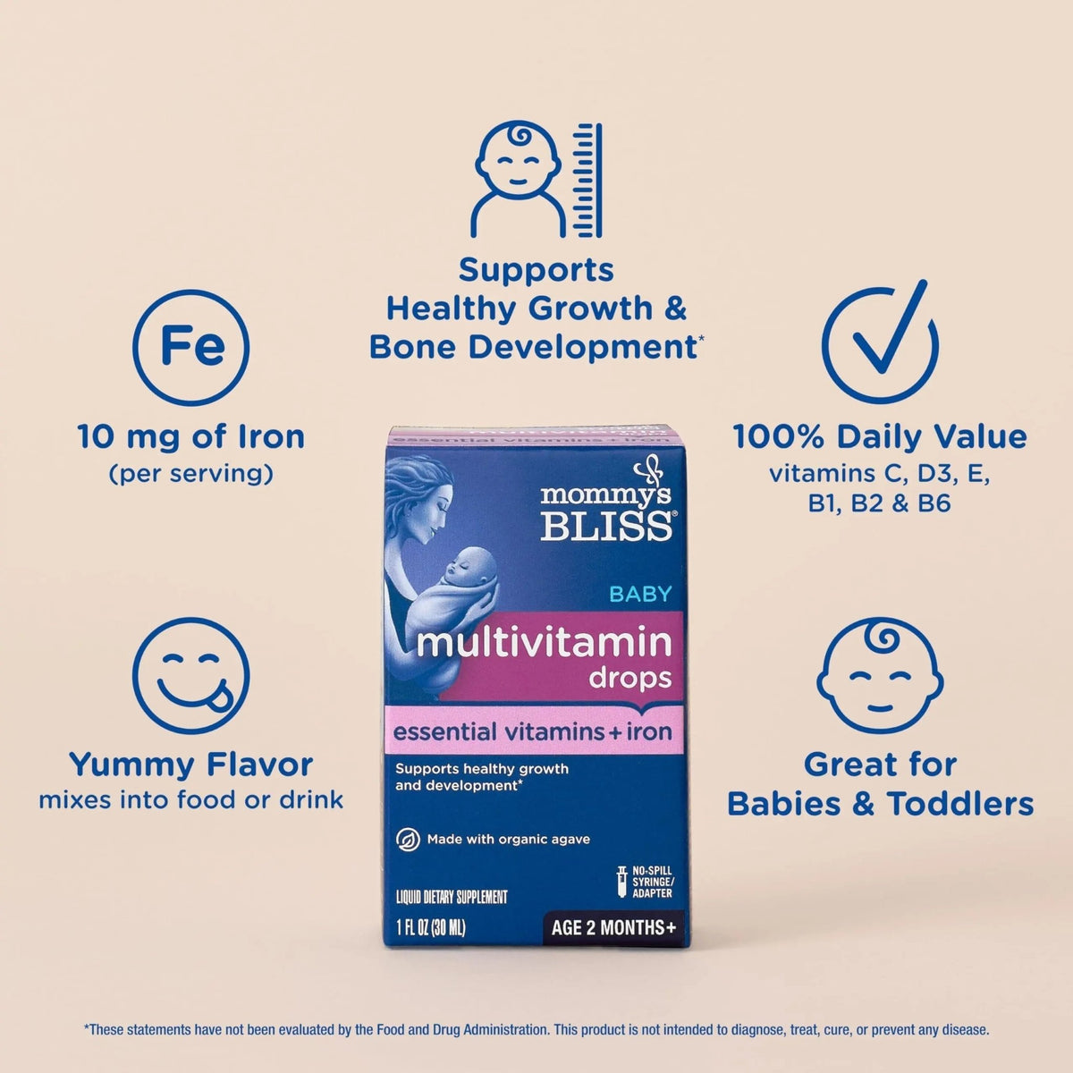 Mommy's Bliss Baby Multivitamin + Iron, Daily Essential Baby Vitamins for Immune Support, Healthy Growth & Bone Development, Age 2 Months+, 30 ml - FENGGESTORE20