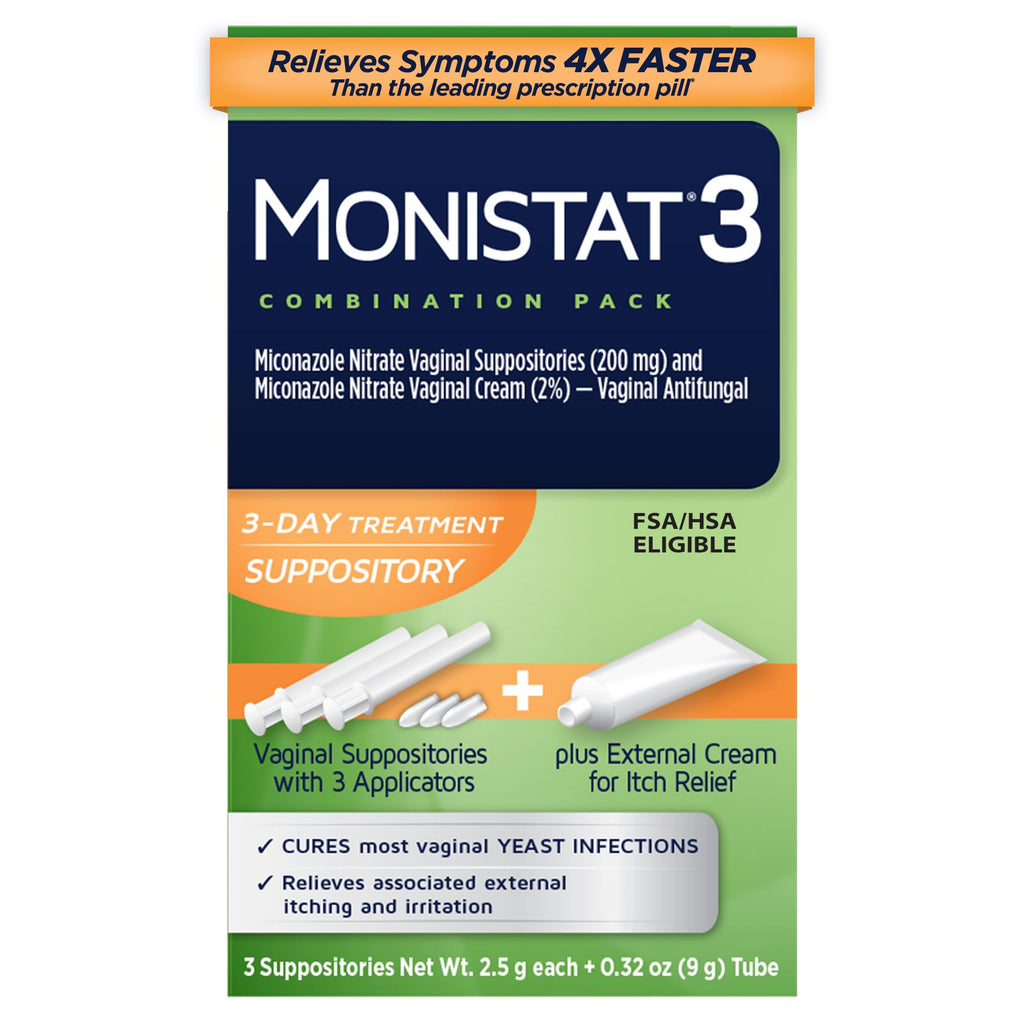 Monistat 3-Day Yeast Infection Treatment for Women, 3 Miconazole Vaginal Suppositories & External Itch Relief Cream (9g Tube) Combo Pack - FENGGESTORE20