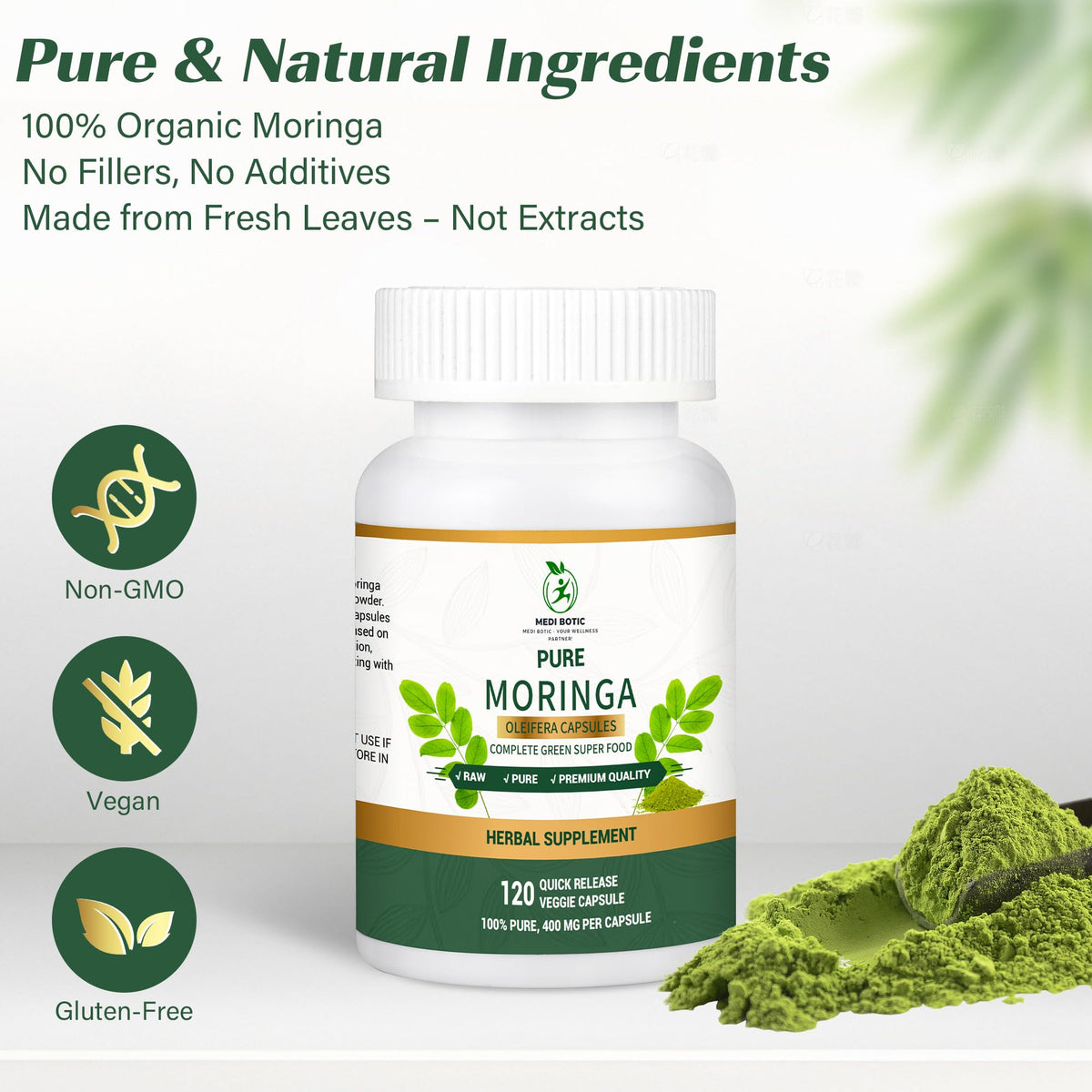 Moringa Capsules, Moringa Pure Capsules For Energy, Immune Support, Gut Health & Powerful Green Superfood, Rich In Antioxidants, Essential Vitamins & Amino Acids - FENGGESTORE20