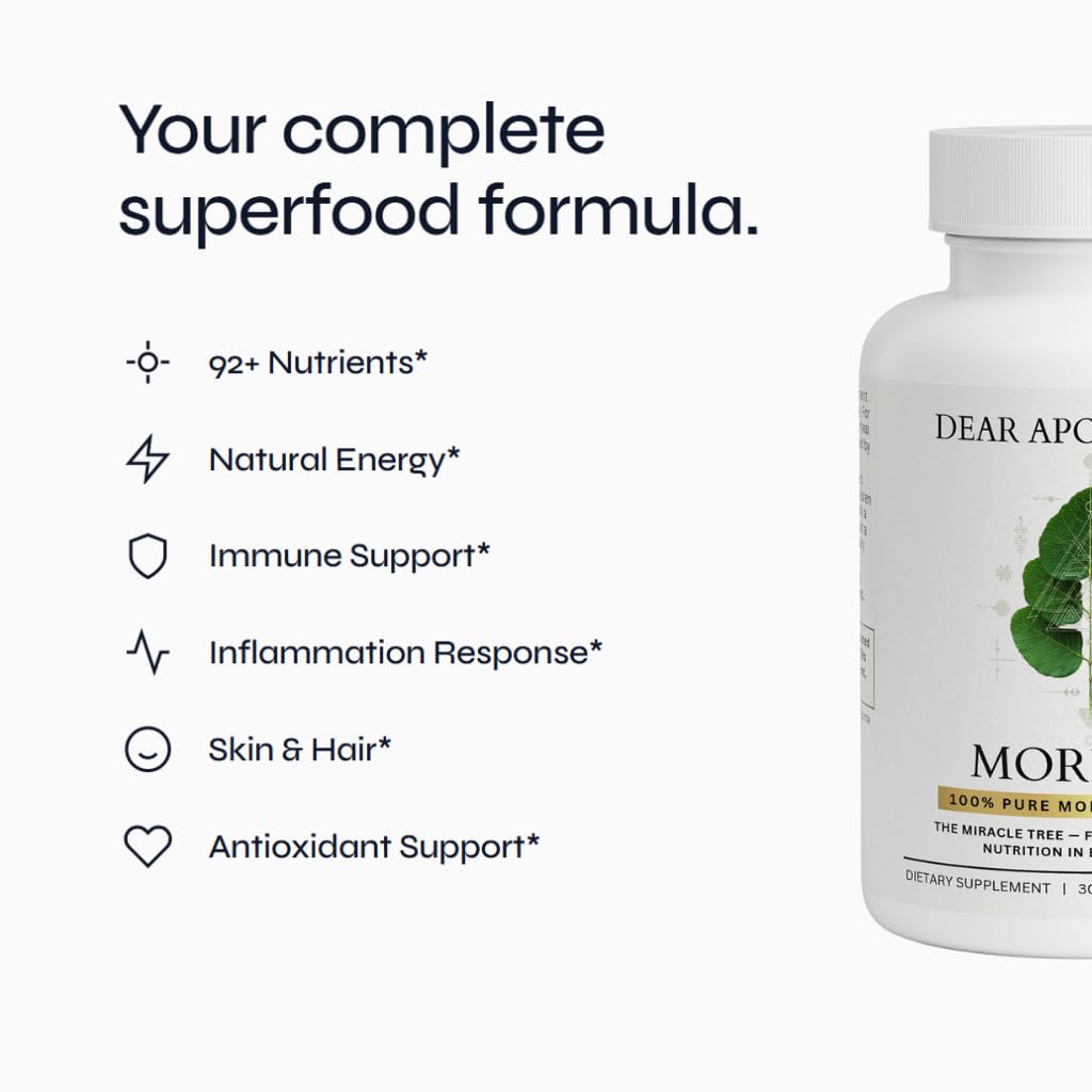 Moringa Oleifera Capsules 800mg - Pure Leaf Powder Superfood with Antioxidants Vitamins Minerals Amino Acids - Energy Immune Support Green Supplement for Men Women - FENGGESTORE20