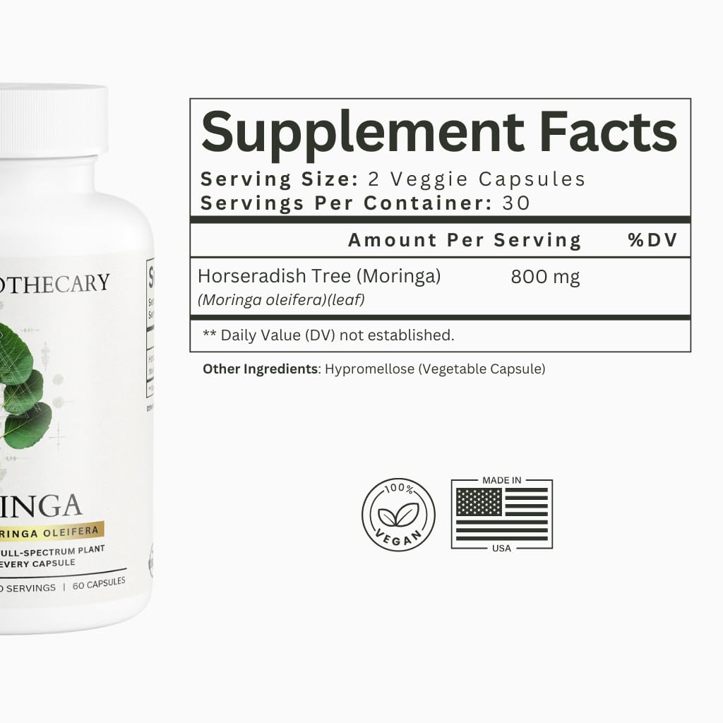 Moringa Oleifera Capsules 800mg - Pure Leaf Powder Superfood with Antioxidants Vitamins Minerals Amino Acids - Energy Immune Support Green Supplement for Men Women - FENGGESTORE20
