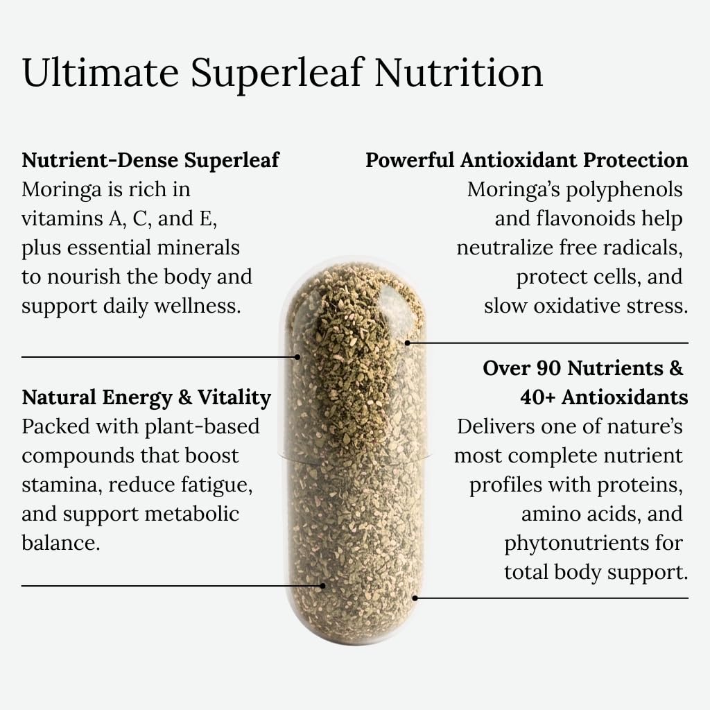 Moringa Oleifera Capsules 800mg - Pure Leaf Powder Superfood with Antioxidants Vitamins Minerals Amino Acids - Energy Immune Support Green Supplement for Men Women - FENGGESTORE20