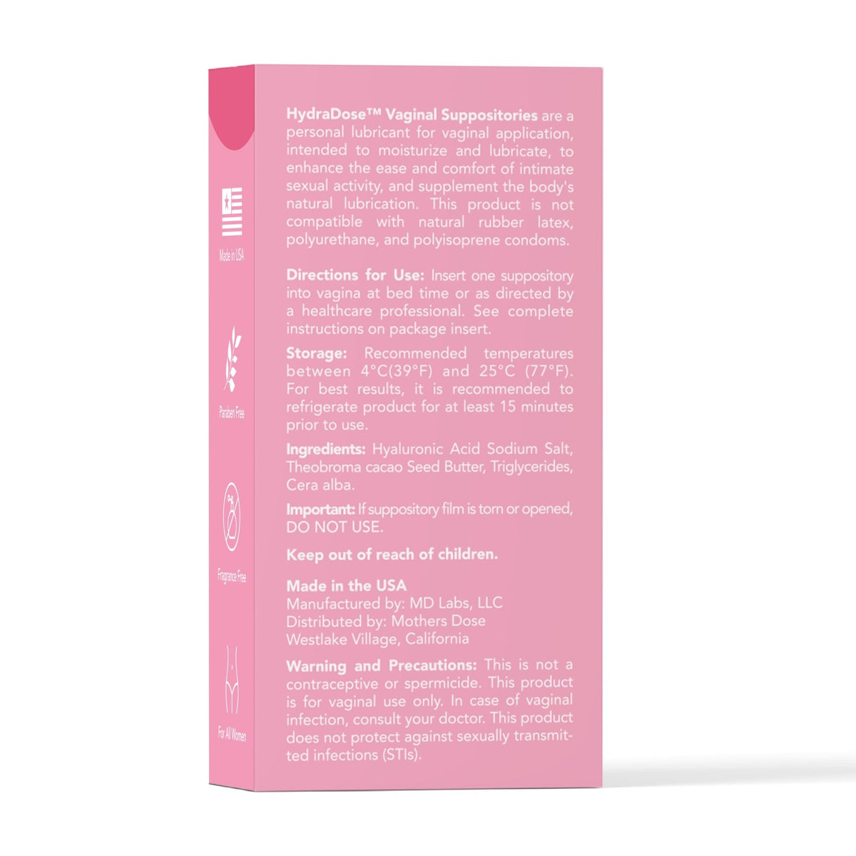 Mother's Dose Hyaluronic Acid Suppository HydraDose- Hormone Free Moisturizer for Vaginal Dryness-USA Made in an FDA Registered Facility, 1 Month Supply- 10 Inserts - FENGGESTORE20