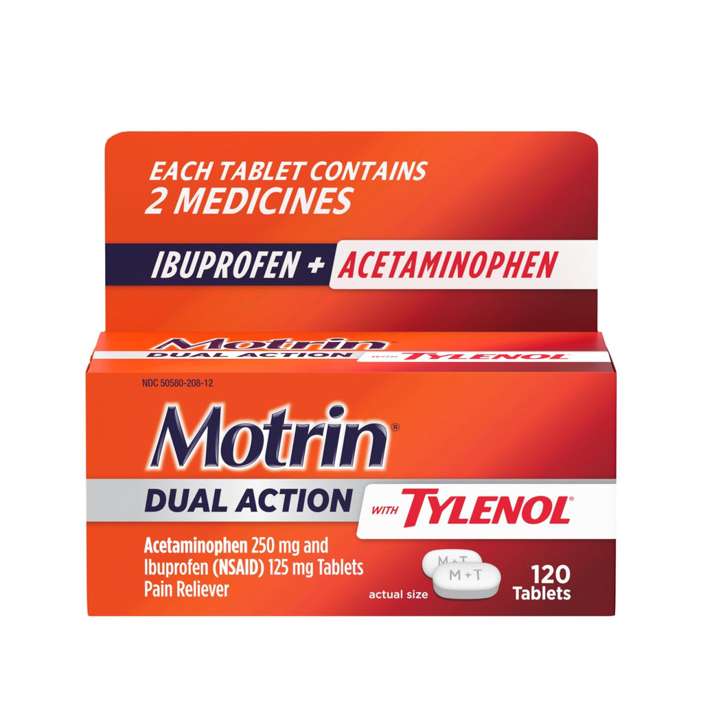 Motrin Dual Action with Tylenol, Ibuprofen & Acetaminophen Fast-Acting, Long Lasting Pain Reliever for Minor Aches & Pains, Ibuprofen (NSAID) 125 mg & Acetaminophen 250 mg, 120 ct - FENGGESTORE20