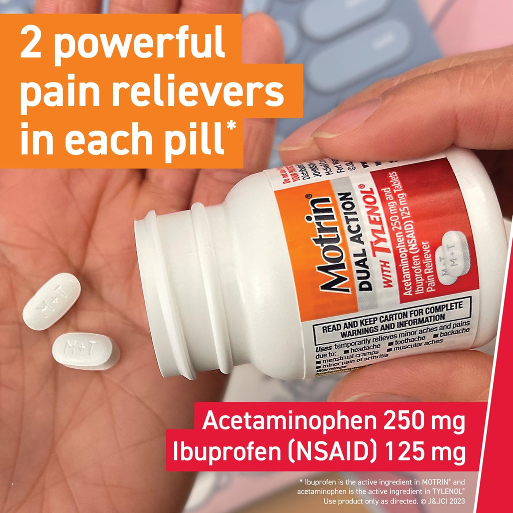 Motrin Dual Action with Tylenol, Ibuprofen & Acetaminophen Fast-Acting, Long Lasting Pain Reliever for Minor Aches & Pains, Ibuprofen (NSAID) 125 mg & Acetaminophen 250 mg, 120 ct - FENGGESTORE20