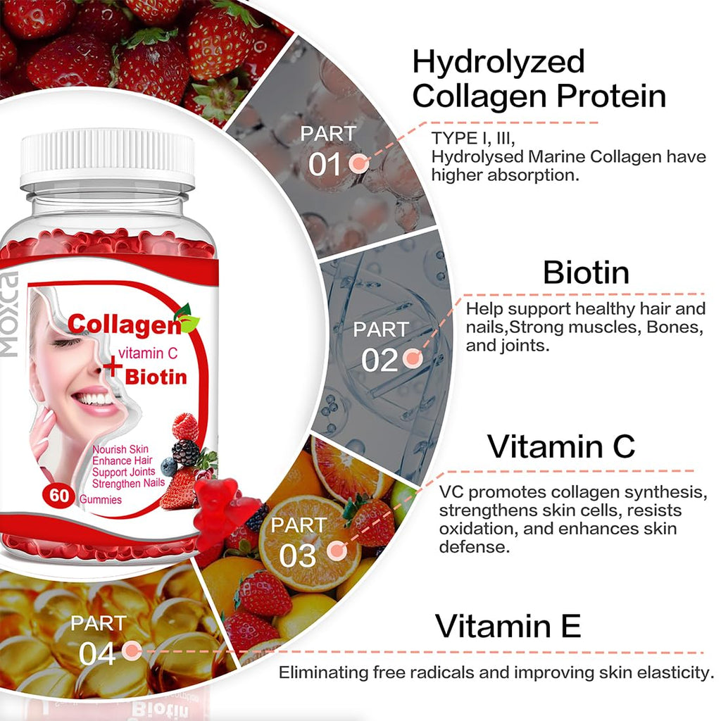 Moxca Hydrolyzed Marine Collagen Gummies for Women | Vegan Collagen Support with Biotin, Vitamins C & E | Daily Beauty Supplement for Hair, Skin & Nails | Natural Fruit Flavor, Clean Formula - FENGGESTORE20