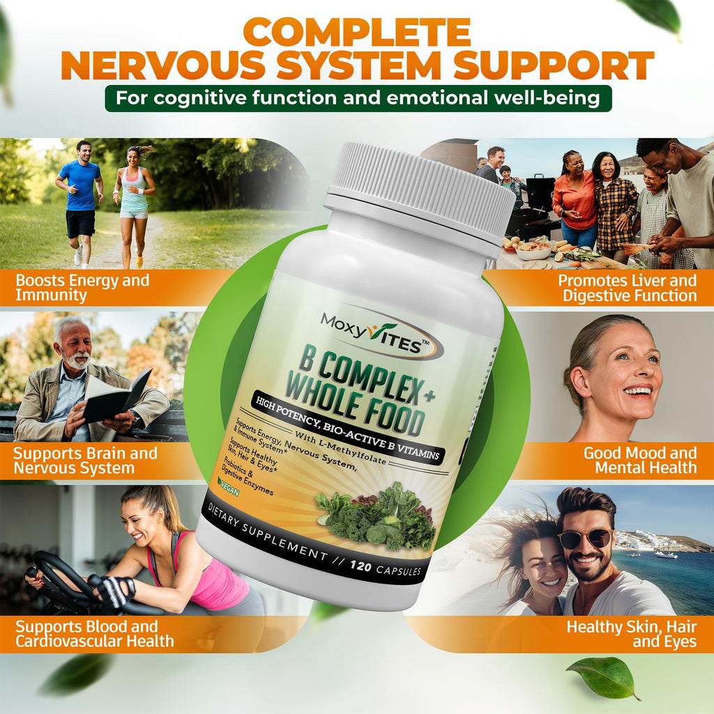 MoxyVites Vitamin B Complex - B Vitamins Whole Food Supplement, B12 Methylcobalamin, B1, B2, B3, B5, B6, B7, B9 - for Stress - FENGGESTORE20