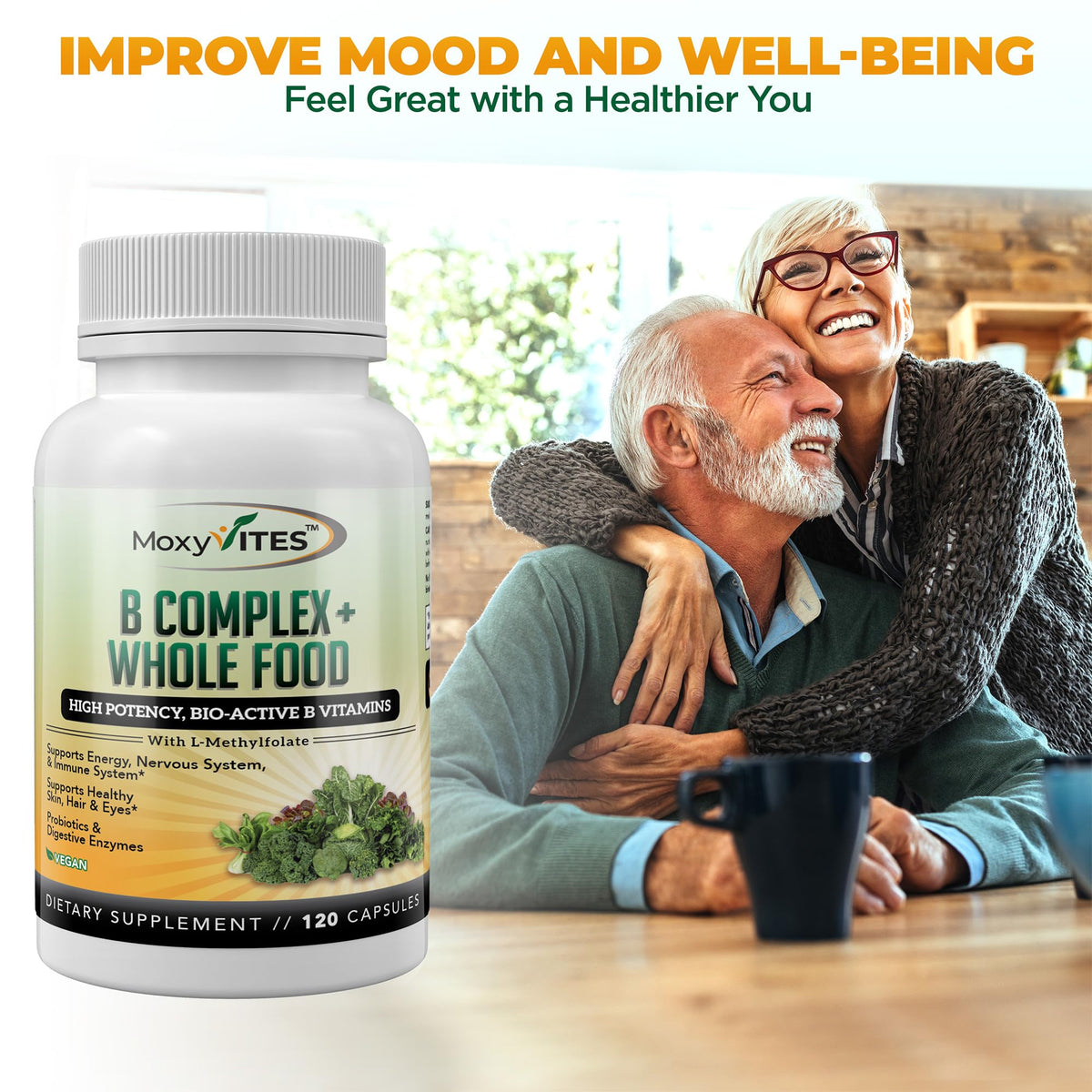 MoxyVites Vitamin B Complex - B Vitamins Whole Food Supplement, B12 Methylcobalamin, B1, B2, B3, B5, B6, B7, B9 - for Stress - FENGGESTORE20