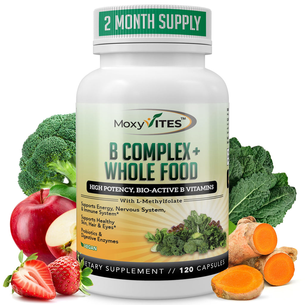 MoxyVites Vitamin B Complex - B Vitamins Whole Food Supplement, B12 Methylcobalamin, B1, B2, B3, B5, B6, B7, B9 - for Stress - FENGGESTORE20
