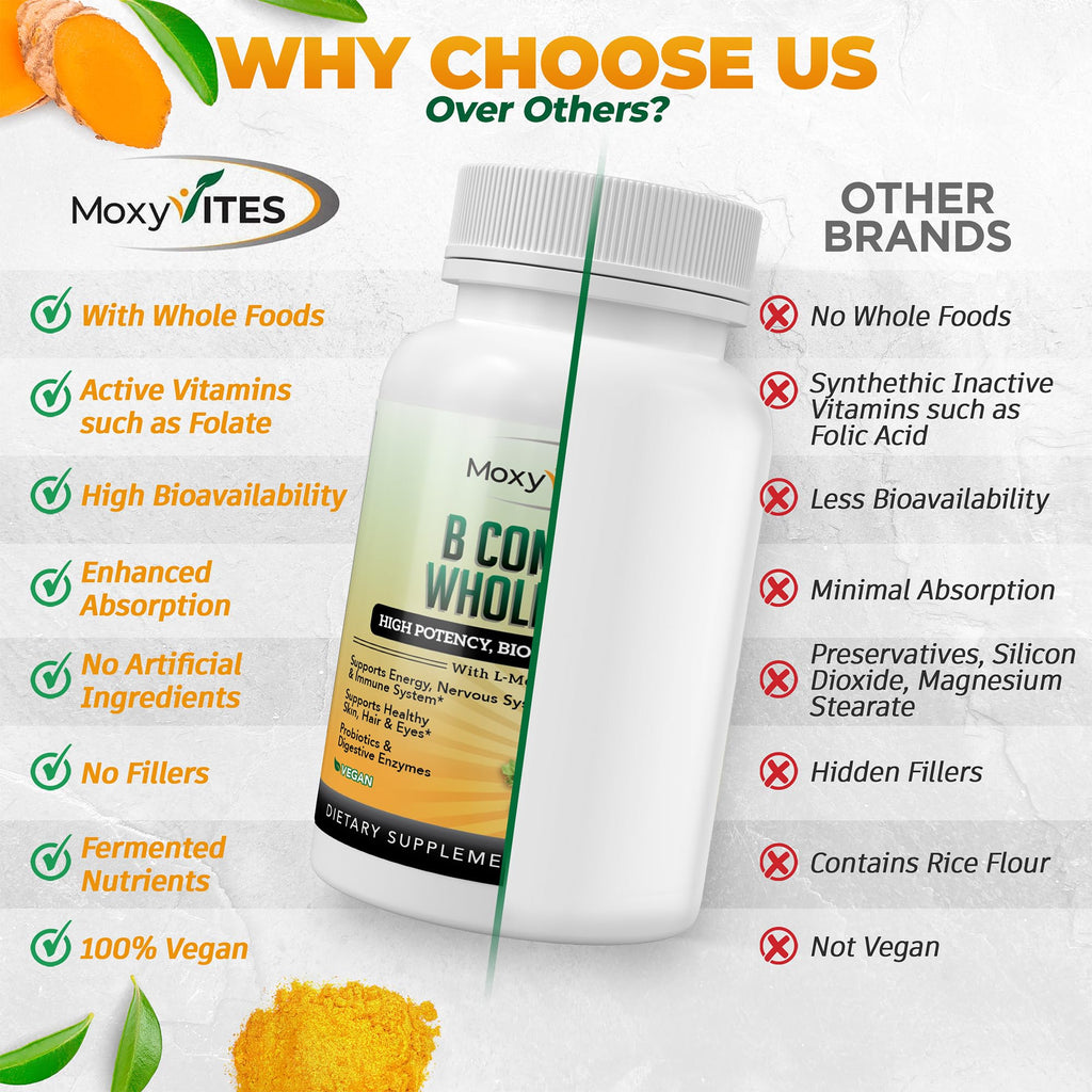MoxyVites Vitamin B Complex - B Vitamins Whole Food Supplement, B12 Methylcobalamin, B1, B2, B3, B5, B6, B7, B9 - for Stress - FENGGESTORE20