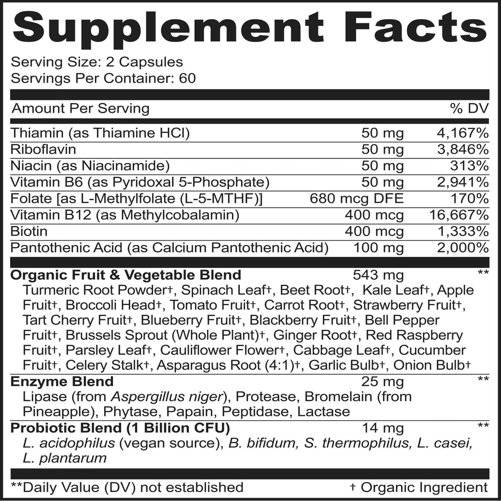 MoxyVites Vitamin B Complex - B Vitamins Whole Food Supplement, B12 Methylcobalamin, B1, B2, B3, B5, B6, B7, B9 - for Stress - FENGGESTORE20