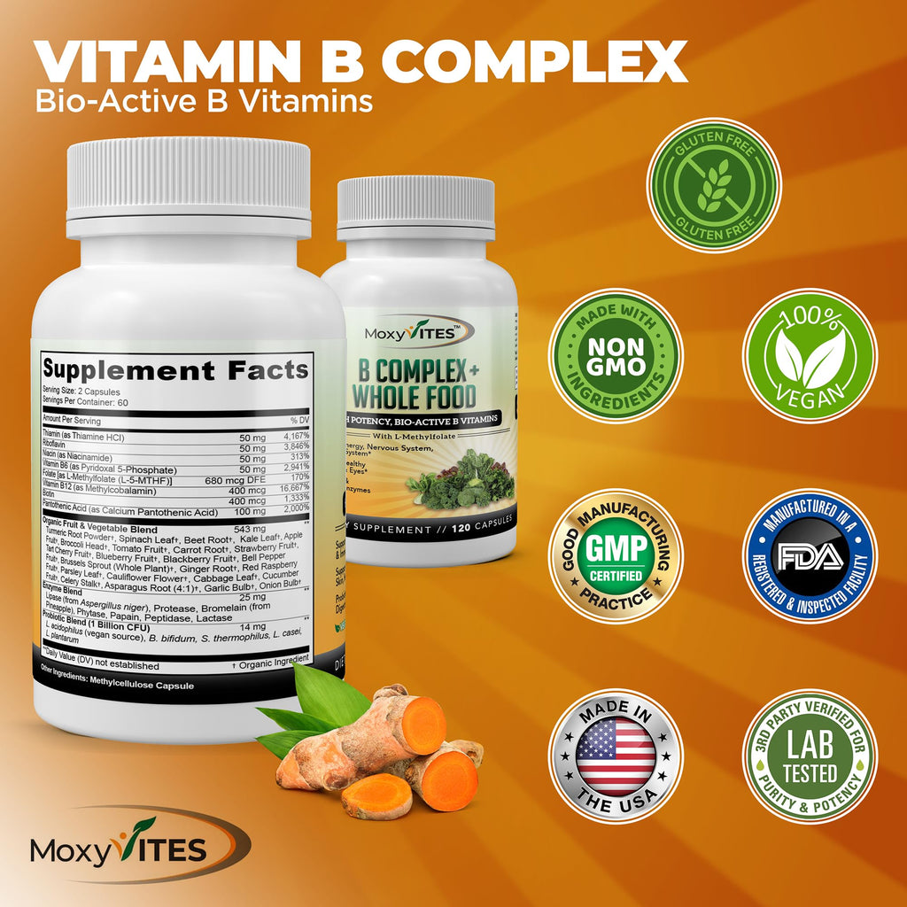 MoxyVites Vitamin B Complex - B Vitamins Whole Food Supplement, B12 Methylcobalamin, B1, B2, B3, B5, B6, B7, B9 - for Stress - FENGGESTORE20