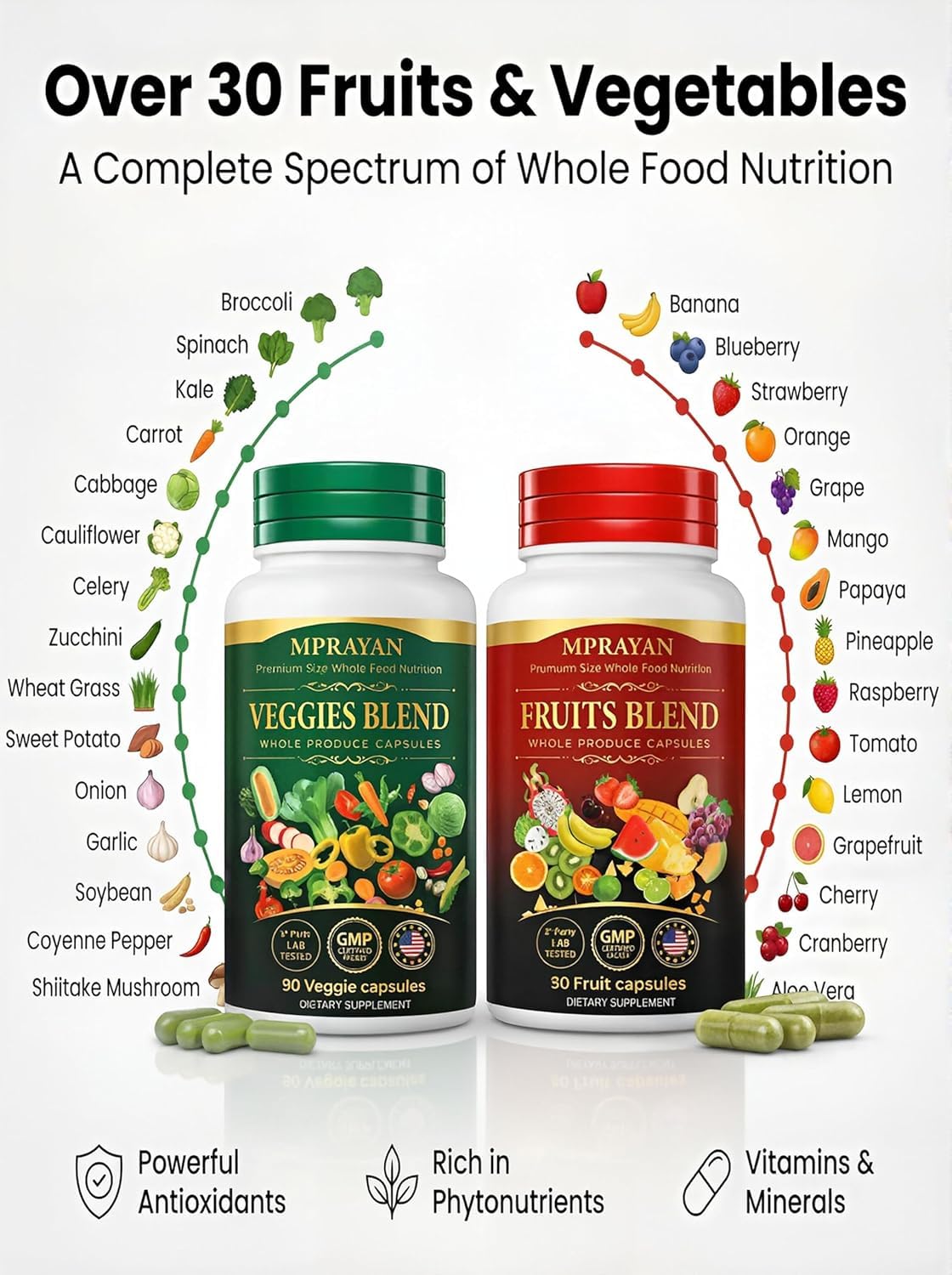 MPRAYAN Fruits and Veggies Capsules - 90 Fruits + 90 Veggies - Whole Food Superfood Supplement - Daily Greens Vitamins & Minerals - Plant Based Nutrition - Vegan Non-GMO - 180 Capsules - FENGGESTORE20