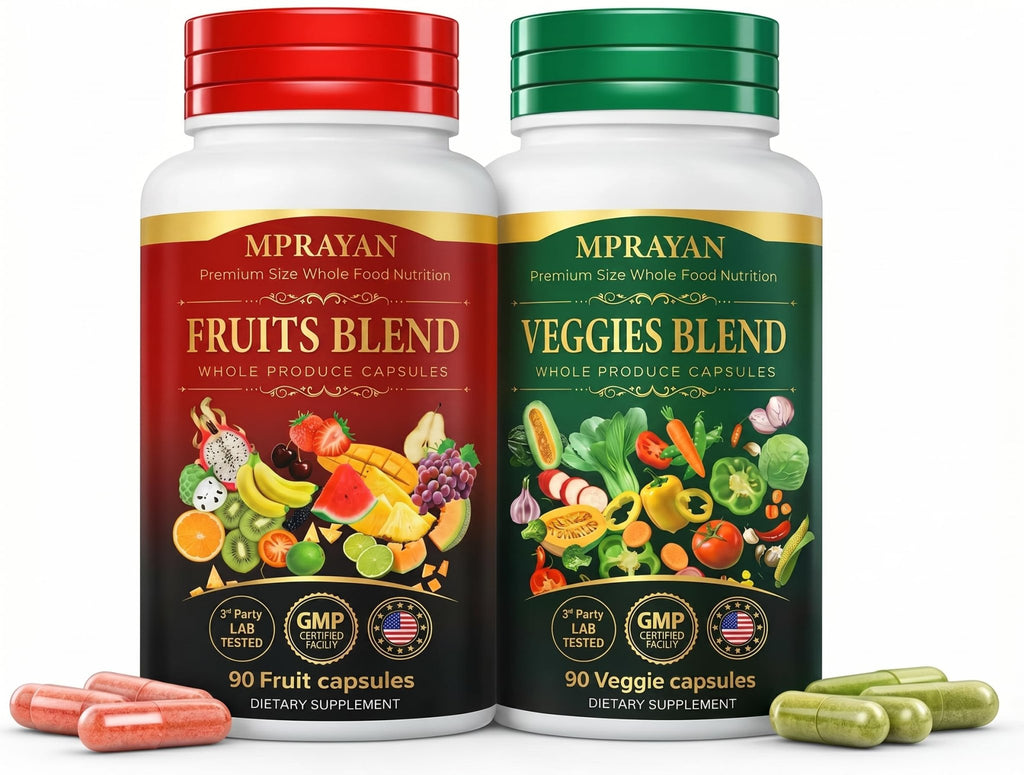 MPRAYAN Fruits and Veggies Capsules - 90 Fruits + 90 Veggies - Whole Food Superfood Supplement - Daily Greens Vitamins & Minerals - Plant Based Nutrition - Vegan Non-GMO - 180 Capsules - FENGGESTORE20