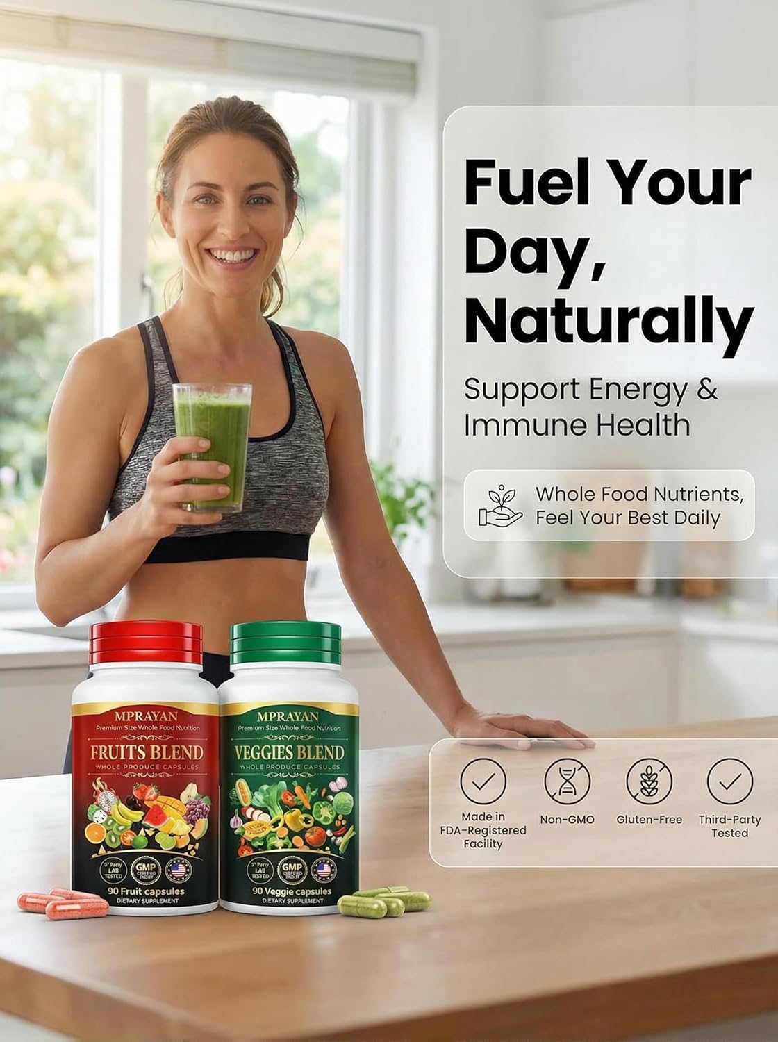 MPRAYAN Fruits and Veggies Capsules - 90 Fruits + 90 Veggies - Whole Food Superfood Supplement - Daily Greens Vitamins & Minerals - Plant Based Nutrition - Vegan Non-GMO - 180 Capsules - FENGGESTORE20