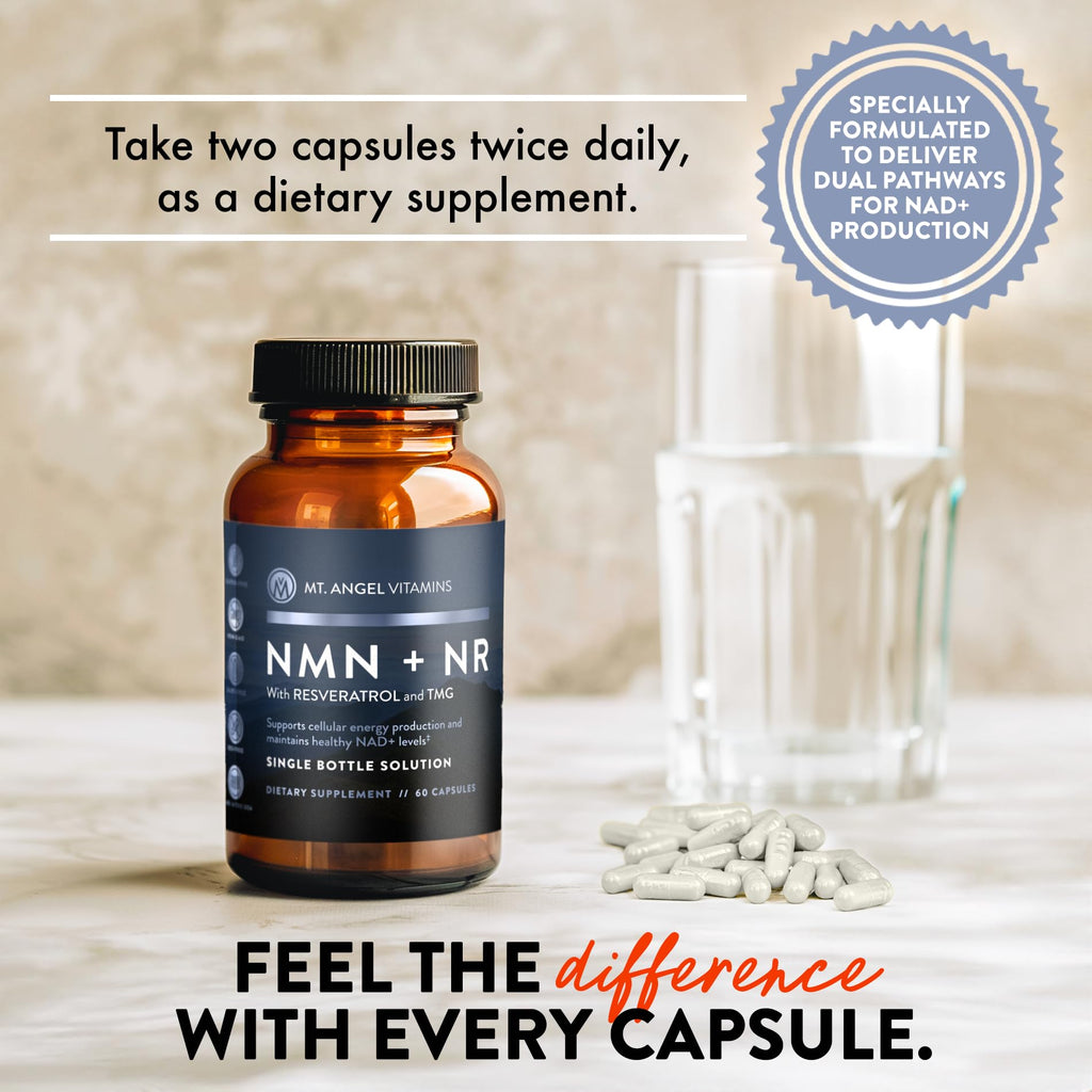Mt. Angel Vitamins NMN Supplement + NR with Resveratrol & TMG, Dual NAD+ Precursors for Cellular Energy & Healthy Aging, 60 Capsules - FENGGESTORE20
