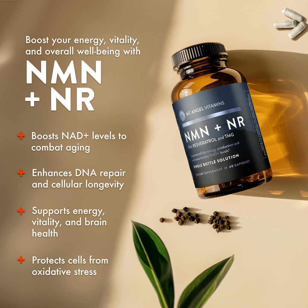 Mt. Angel Vitamins NMN Supplement + NR with Resveratrol & TMG, Dual NAD+ Precursors for Cellular Energy & Healthy Aging, 60 Capsules - FENGGESTORE20