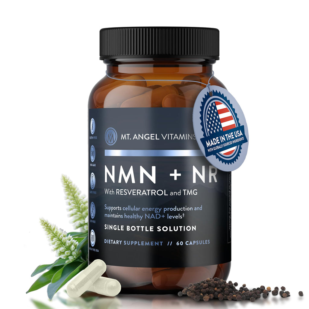 Mt. Angel Vitamins NMN Supplement + NR with Resveratrol & TMG, Dual NAD+ Precursors for Cellular Energy & Healthy Aging, 60 Capsules - FENGGESTORE20
