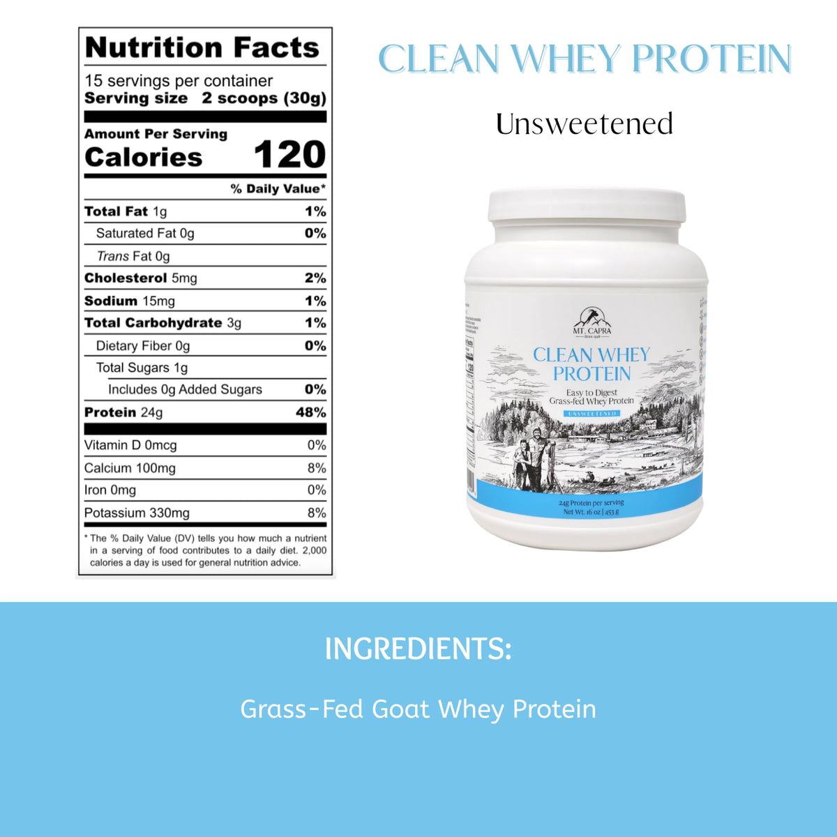 Mt. Capra Clean Whey Protein | Grass-Fed Undenatured Goat Whey Protein Powder | 24 g Protein Per Serving, All Natural, Non-GMO, High in Branch Chain Amino Acids | Unsweetened | 15 Servings - 16 oz - FENGGESTORE20