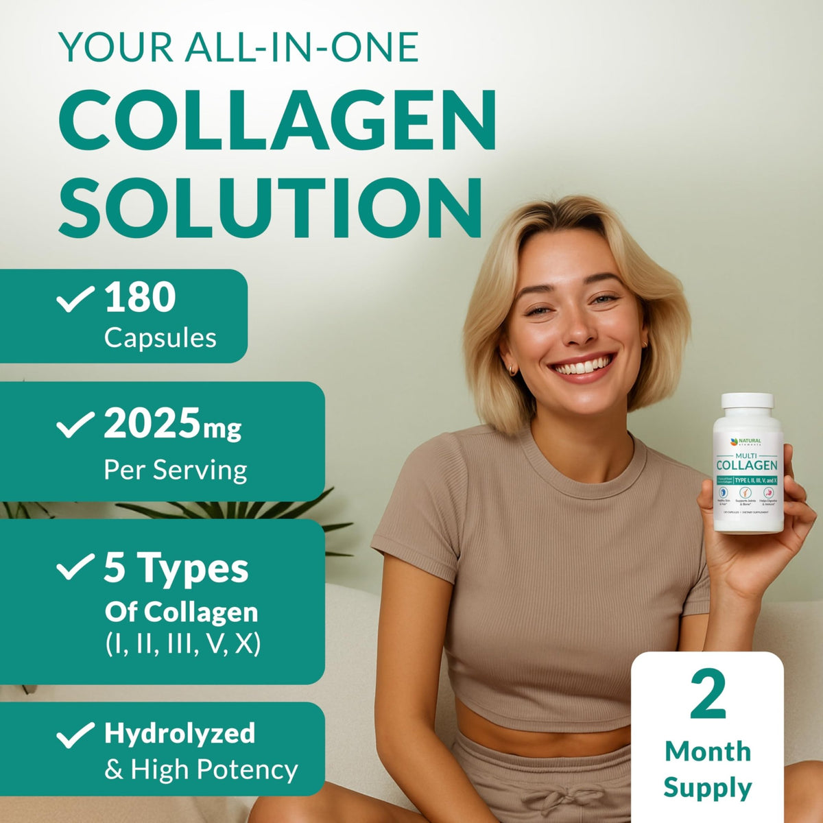 Multi Collagen 180 Protein Capsules - Type I, II, III, V, X Collagen Pills - Proprietary Blend of Eggshell, Chicken, Wild Fish & Grass-Fed - FENGGESTORE20