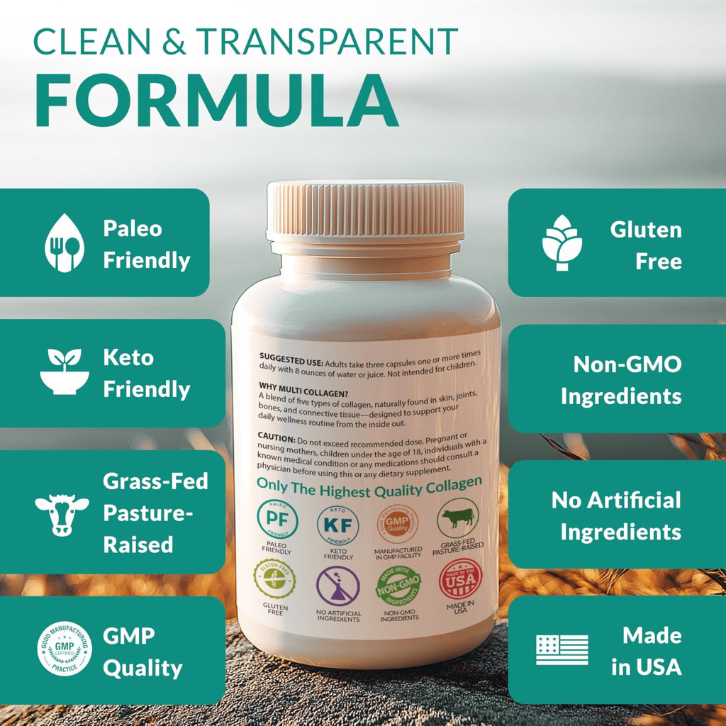 Multi Collagen 180 Protein Capsules - Type I, II, III, V, X Collagen Pills - Proprietary Blend of Eggshell, Chicken, Wild Fish & Grass-Fed - FENGGESTORE20