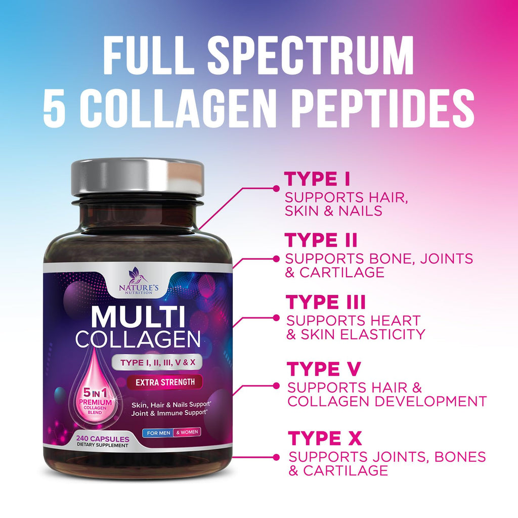 Multi Collagen Pills - Multi Collagen Complex 2400 mg Per Serving - Types I, II, III, V, X - Hydrolyzed Collagen Peptides Supplement - Hair, Skin & Nail Support - FENGGESTORE20