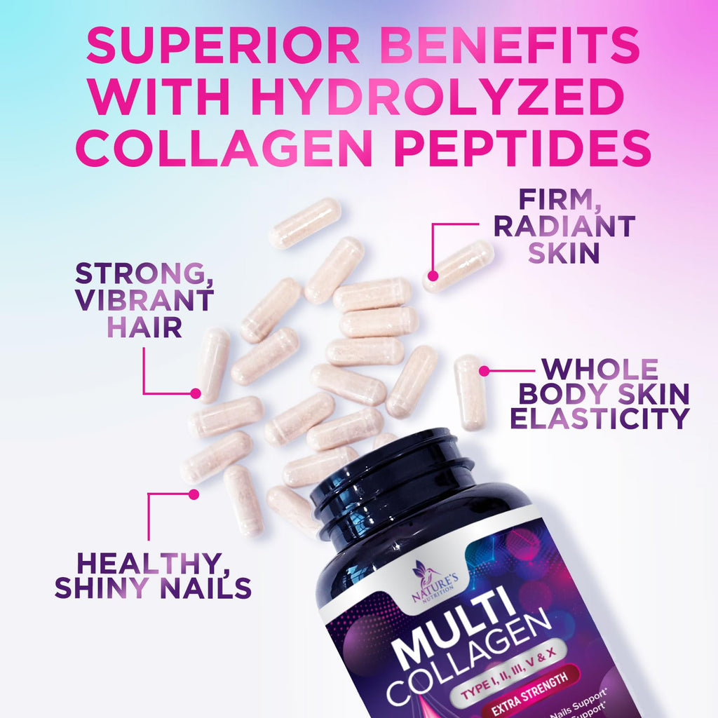 Multi Collagen Pills - Multi Collagen Complex 2400 mg Per Serving - Types I, II, III, V, X - Hydrolyzed Collagen Peptides Supplement - Hair, Skin & Nail Support - FENGGESTORE20