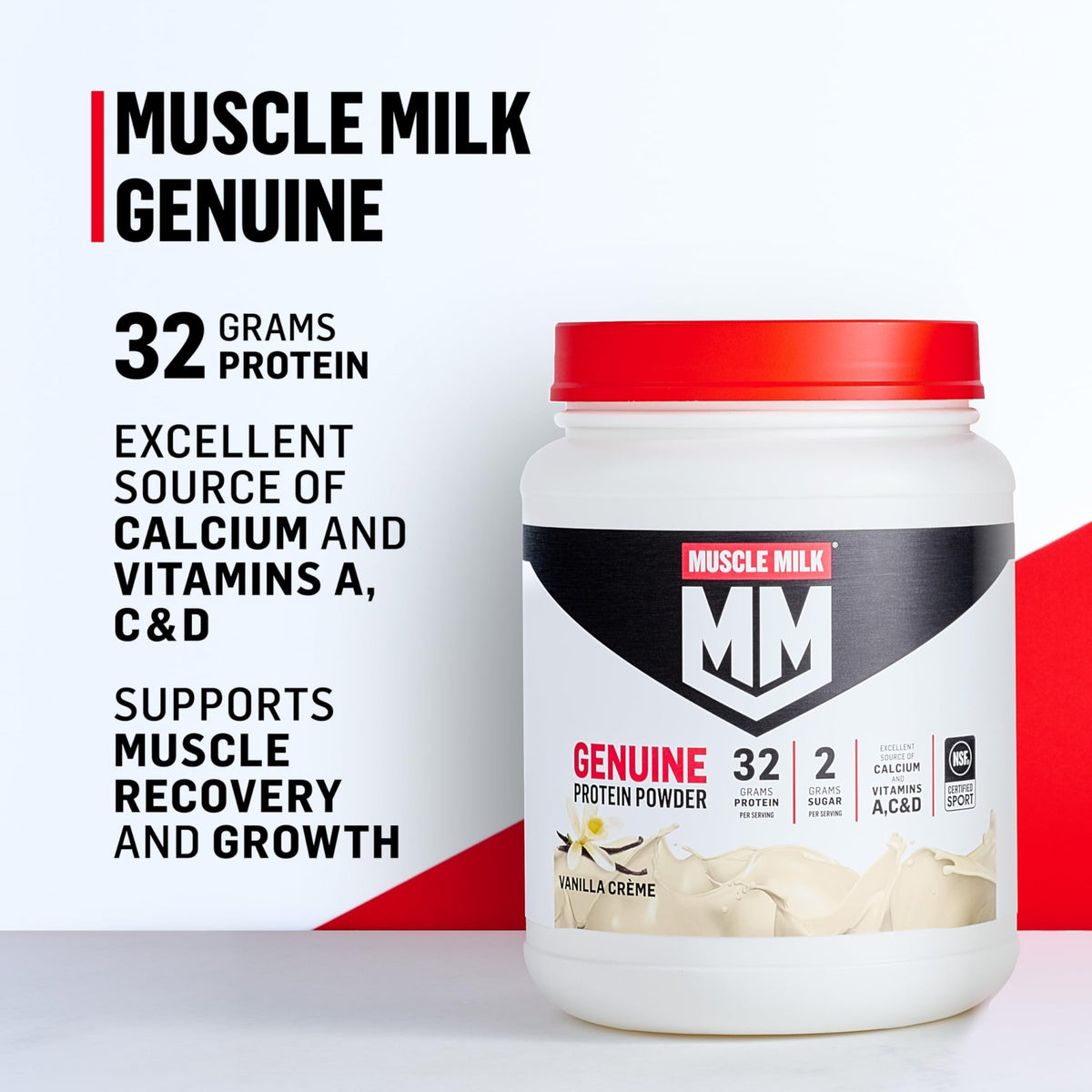 Muscle Milk Genuine Protein Powder, Vanilla Crème, 1.93 Pounds, 12 Servings, 32g Protein, 2g Sugar, Calcium, Vitamins A, C & D, NSF Certified for Sport, Energizing Snack, Packaging May Vary - FENGGESTORE20