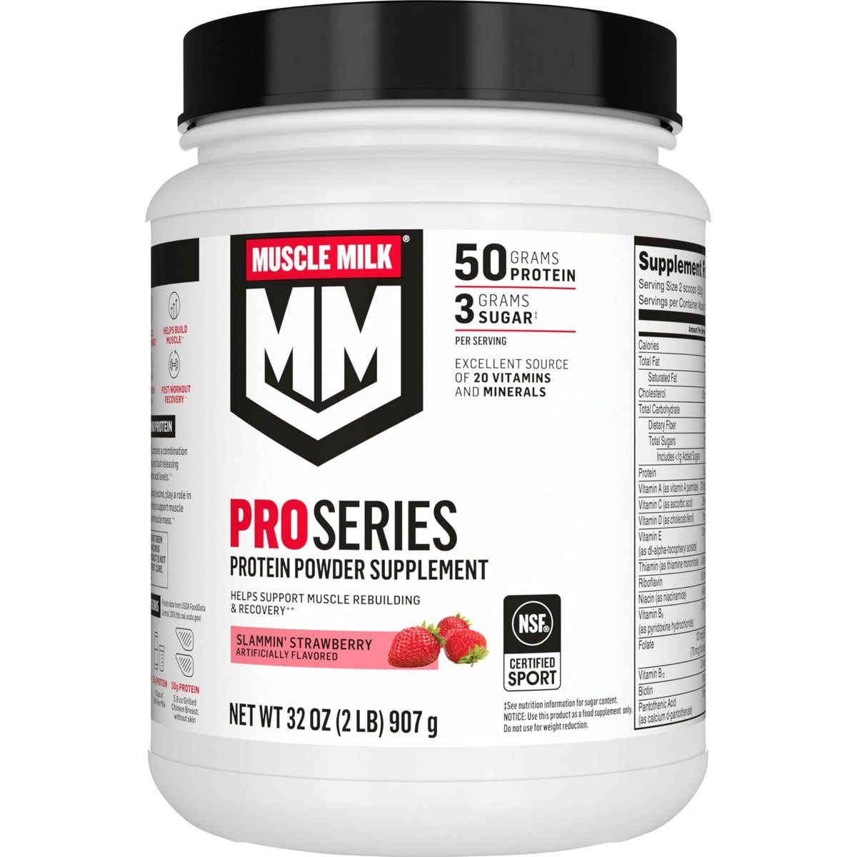 Muscle Milk Pro Series Protein Powder Supplement, Slammin' Strawberry, 2 Pound, 11 Servings, 50g Protein, 3g Sugar, 20 Vitamins & Minerals, NSF Certified for Sport, Packaging May Vary - FENGGESTORE20