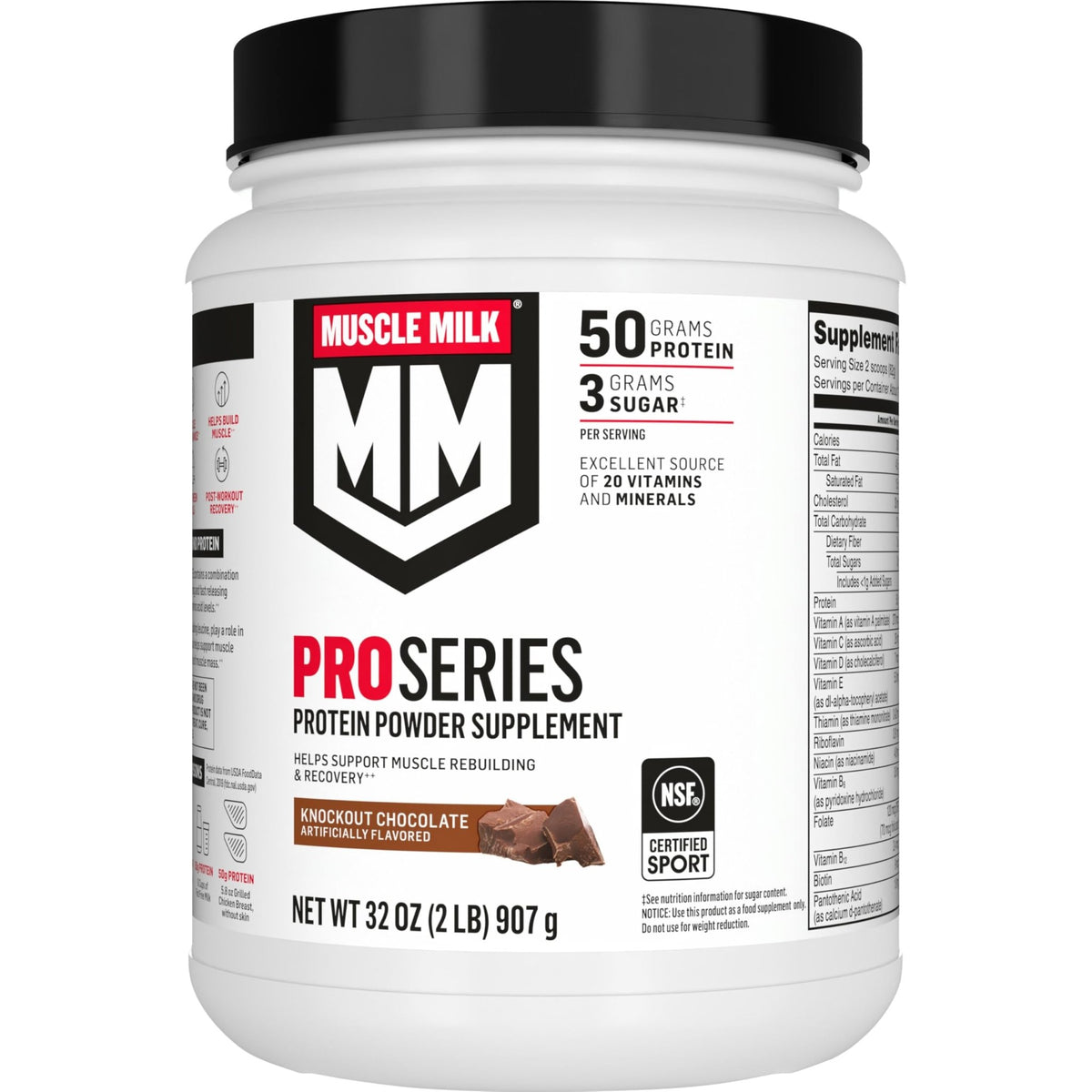 Muscle Milk Pro Series Protein Powder Supplement,Knockout Chocolate,2 Pound,11 Servings,50g Protein,3g Sugar,20 Vitamins & Minerals,NSF Certified for Sport,Workout Recovery,Packaging May Vary - FENGGESTORE20