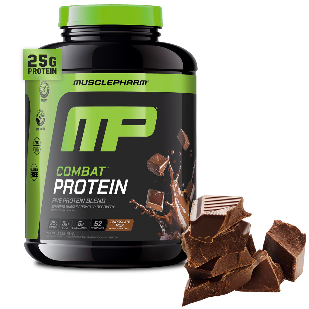MusclePharm Combat Protein Powder, Chocolate Milk Flavor, Fuels Muscles for Productive Workouts, 5 Protein Sources including Whey Protein Isolate & Egg Albumin, Gluten Free, 4.2 lb, 52 Servings - FENGGESTORE20