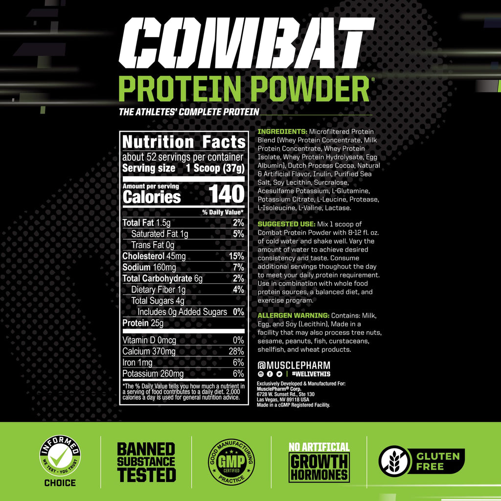 MusclePharm Combat Protein Powder, Chocolate Milk Flavor, Fuels Muscles for Productive Workouts, 5 Protein Sources including Whey Protein Isolate & Egg Albumin, Gluten Free, 4.2 lb, 52 Servings - FENGGESTORE20