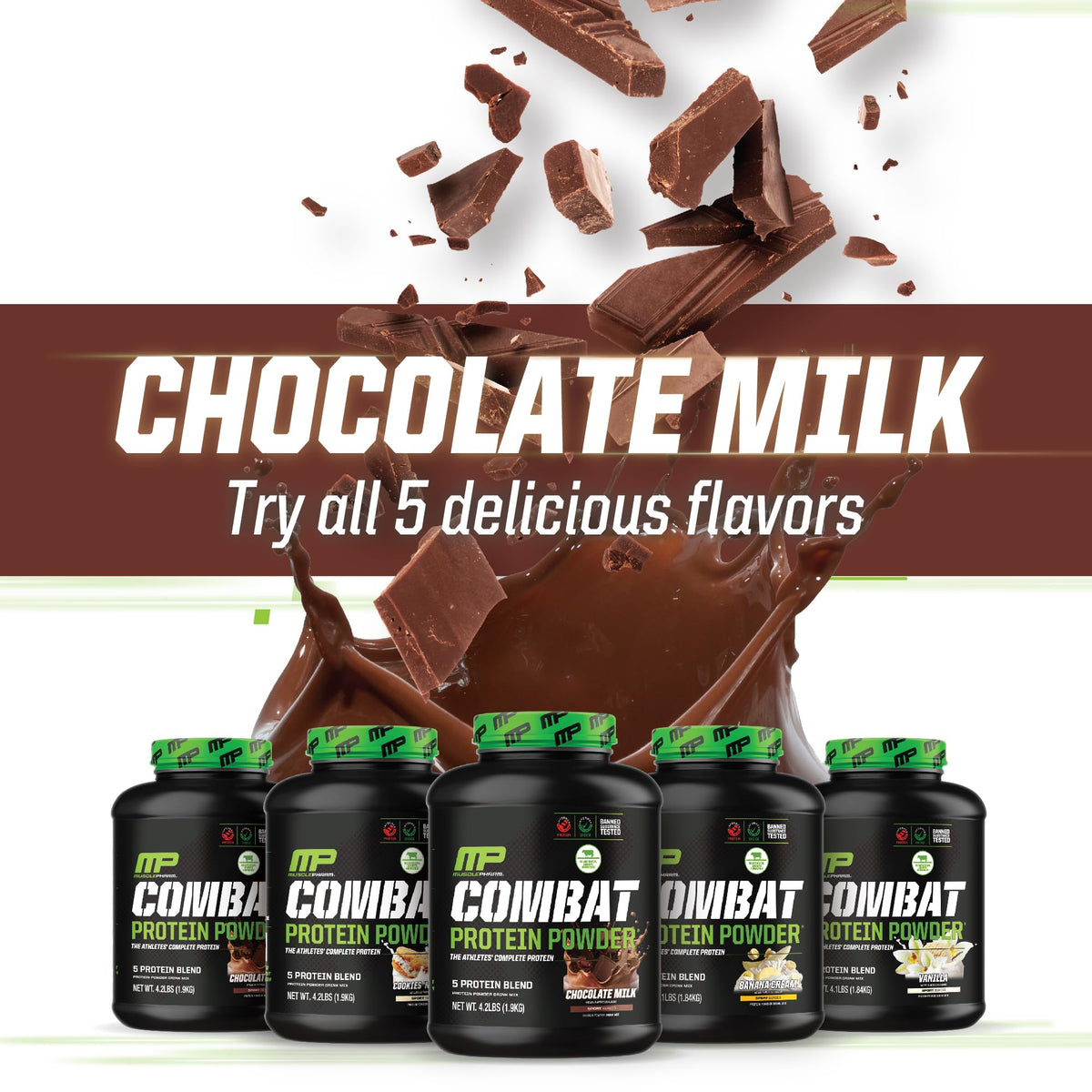 MusclePharm Combat Protein Powder, Chocolate Milk Flavor, Fuels Muscles for Productive Workouts, 5 Protein Sources including Whey Protein Isolate & Egg Albumin, Gluten Free, 4.2 lb, 52 Servings - FENGGESTORE20