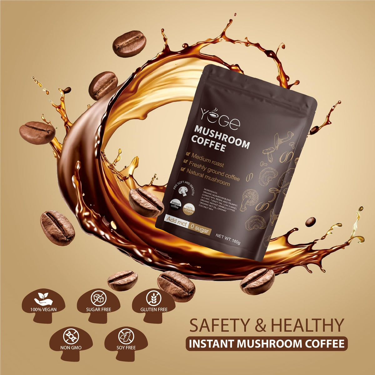 Mushroom Coffee, Instant Mushroom Coffee with Cordyceps, Reishi, King Trumpet, Shiitake, Turkey Tail, Lions Mane for Energy - FENGGESTORE20