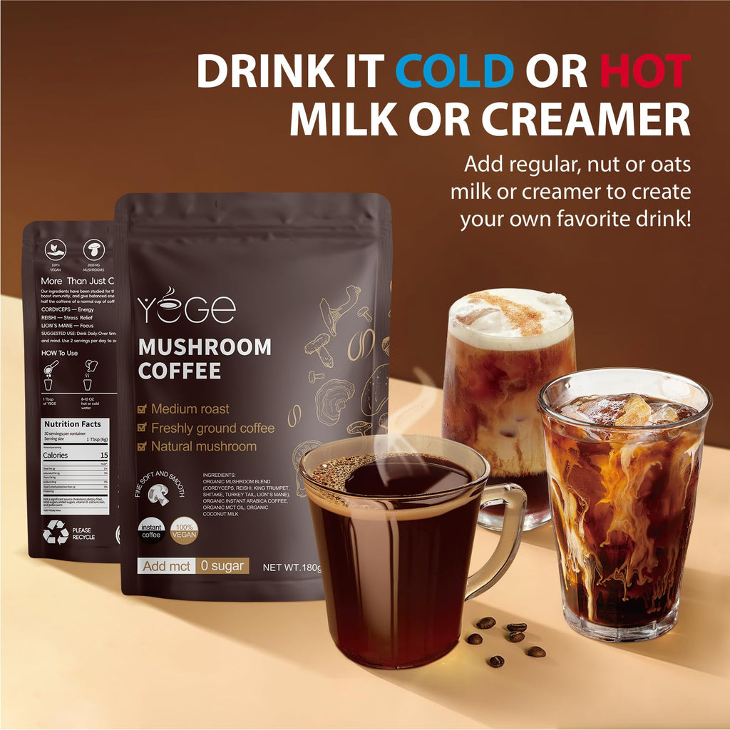 Mushroom Coffee, Instant Mushroom Coffee with Cordyceps, Reishi, King Trumpet, Shiitake, Turkey Tail, Lions Mane for Energy - FENGGESTORE20