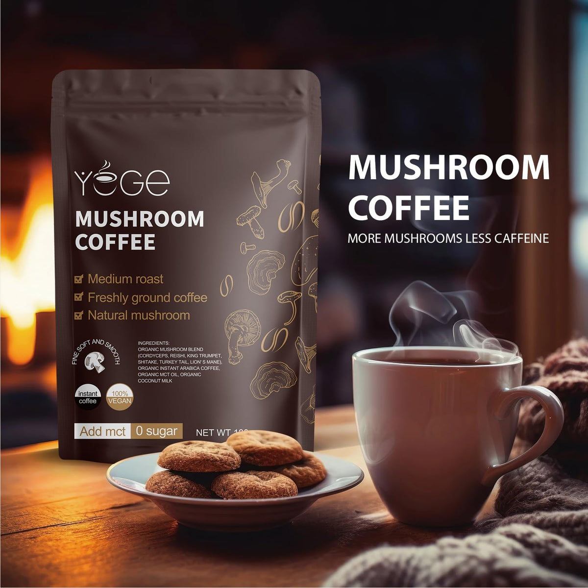 Mushroom Coffee, Instant Mushroom Coffee with Cordyceps, Reishi, King Trumpet, Shiitake, Turkey Tail, Lions Mane for Energy - FENGGESTORE20