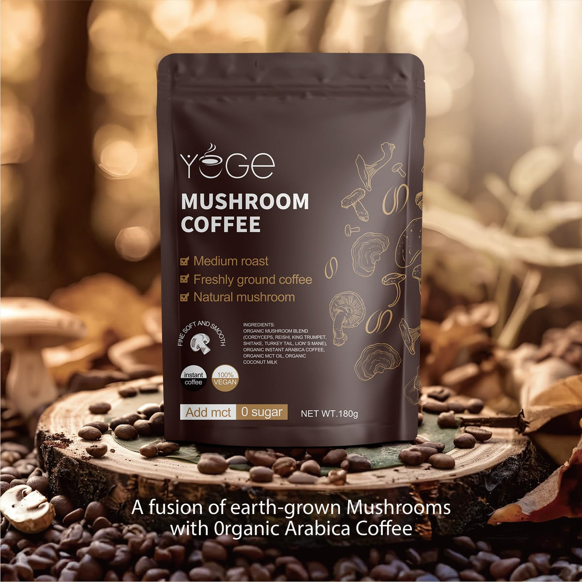 Mushroom Coffee, Instant Mushroom Coffee with Cordyceps, Reishi, King Trumpet, Shiitake, Turkey Tail, Lions Mane for Energy - FENGGESTORE20