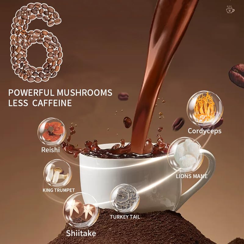 Mushroom Coffee, Instant Mushroom Coffee with Cordyceps, Reishi, King Trumpet, Shiitake, Turkey Tail, Lions Mane for Energy - FENGGESTORE20