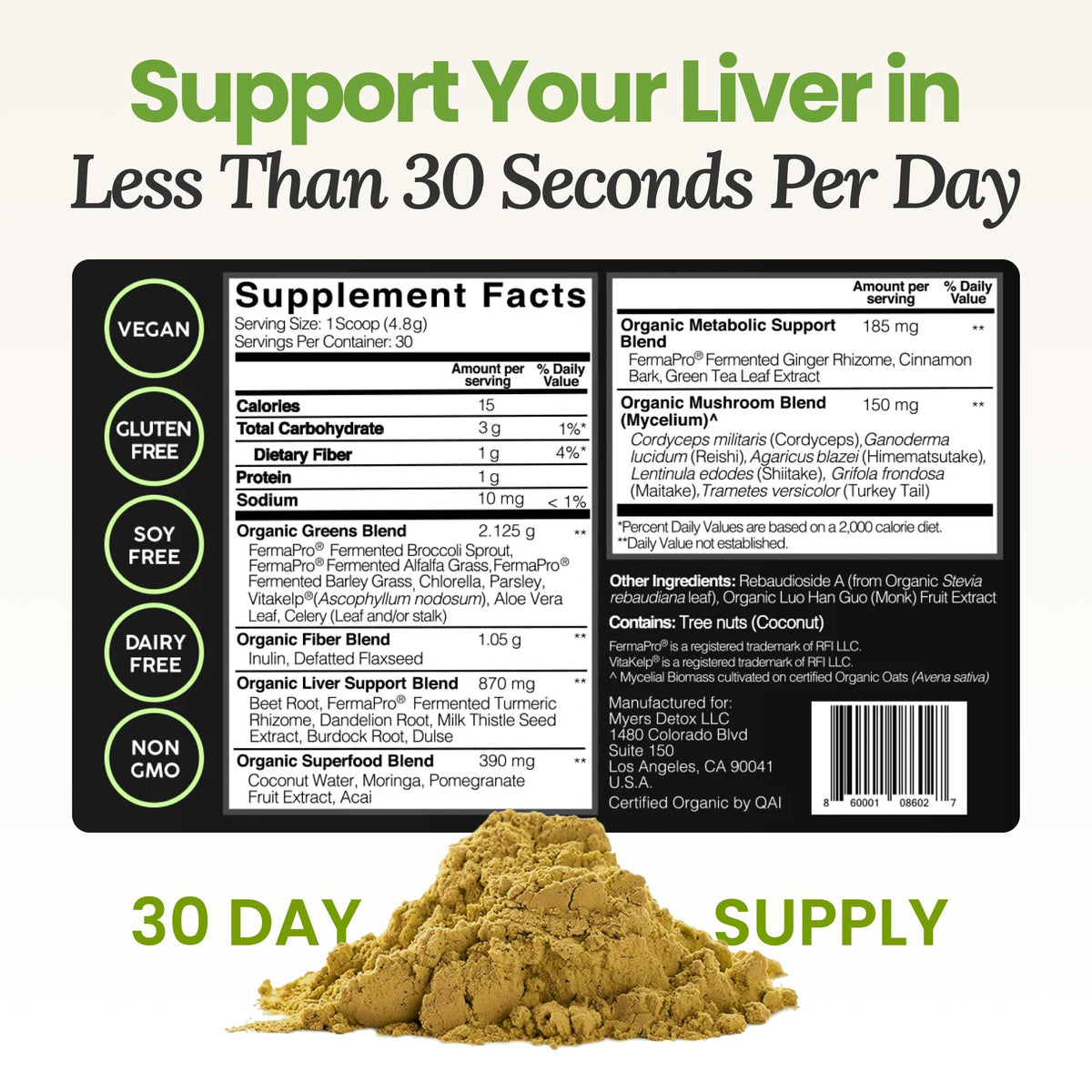 Myers Detox Daily Detox Greens Powder, Organic Superfood Supplement for Detox, Gut Health, Energy, Immune Support, Overall Wellness, Gluten Free Multivitamin Drink Mix, - FENGGESTORE20