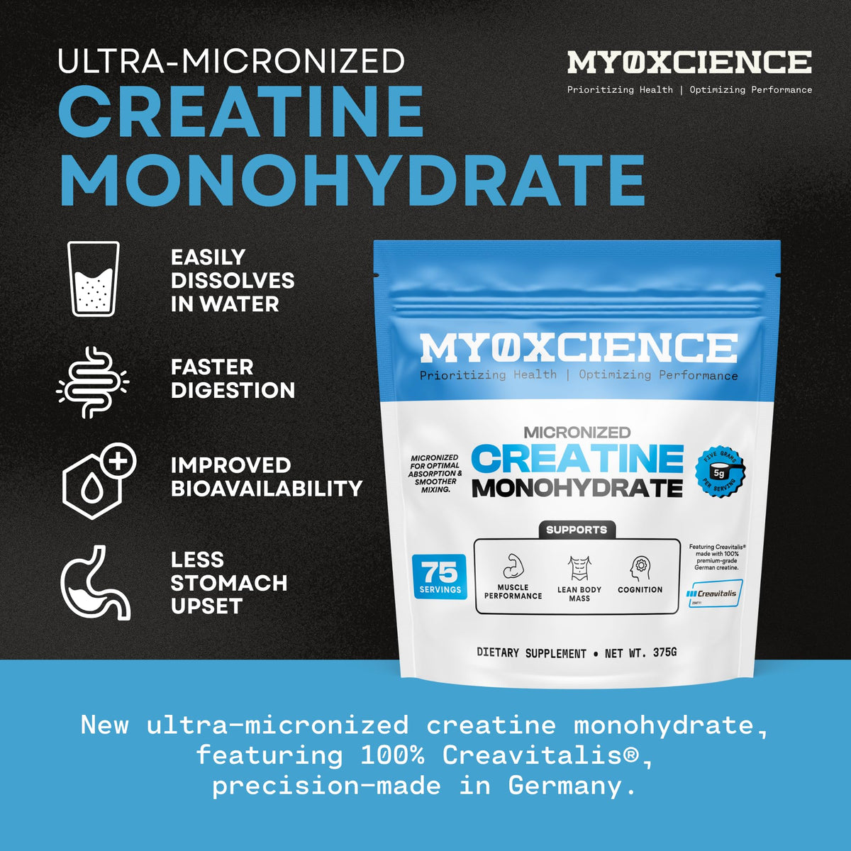 MYOXCIENCE Micronized Creavitalis Creatine | The World’s Purest Micronized Form of Creatine Monohydrate | Supports Muscle Performance, Lean Body Mass, & Cognition | 75 Servings - FENGGESTORE20