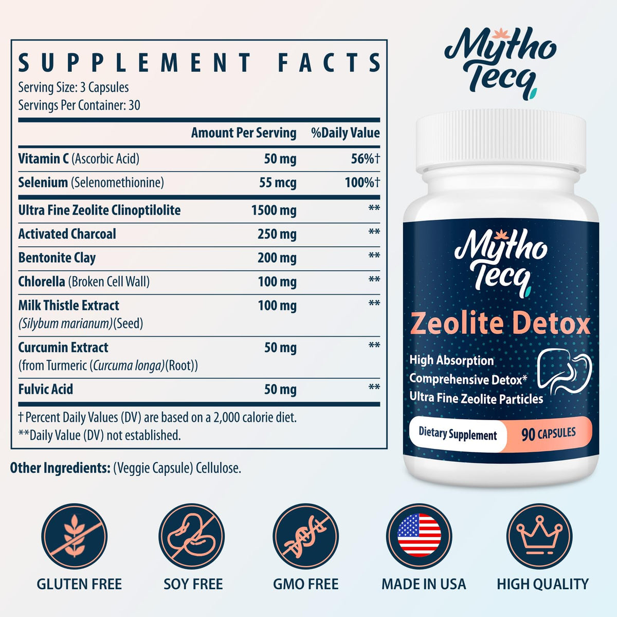 MythoTecq 2300 MG Zeolite Detox Capsules - Activated Charcoal & Bentonite Clay, Highly Absorbable Full Body, Liver & Gut Cleanse - FENGGESTORE20
