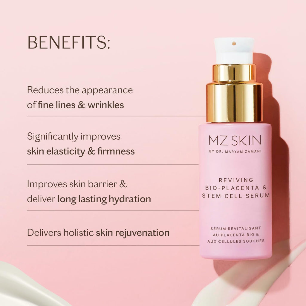 MZ SKIN Reviving Bio-Placenta & Stem Cell Serum, Night Treatment for Powerful Rejuvenation, With Peptides, Squalane & Hyaluronic Acid, Perfect For Anti-Aging, Wrinkles & Fine Lines, 1.01 fl oz - FENGGESTORE20