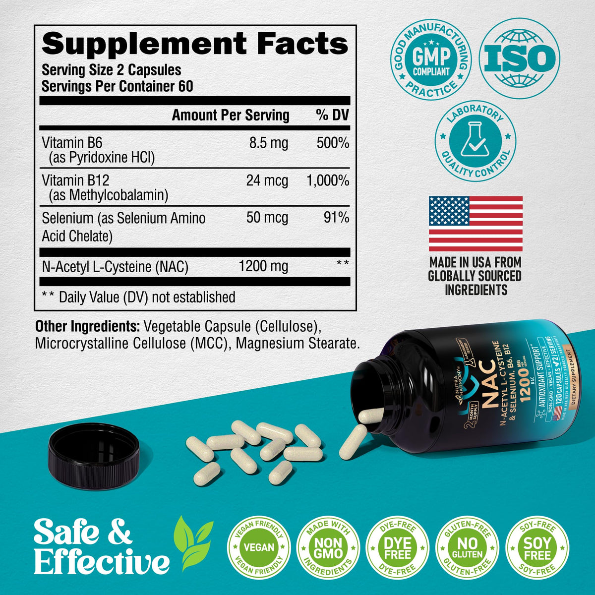 NAC Supplement | Selenium | B6 | B12 - Antioxidant, Immune Support - N Acetyl Cysteine 600 mg per Capsule, 1200 mg per Serving - Made in USA - Non-GMO, Gluten-Free - FENGGESTORE20