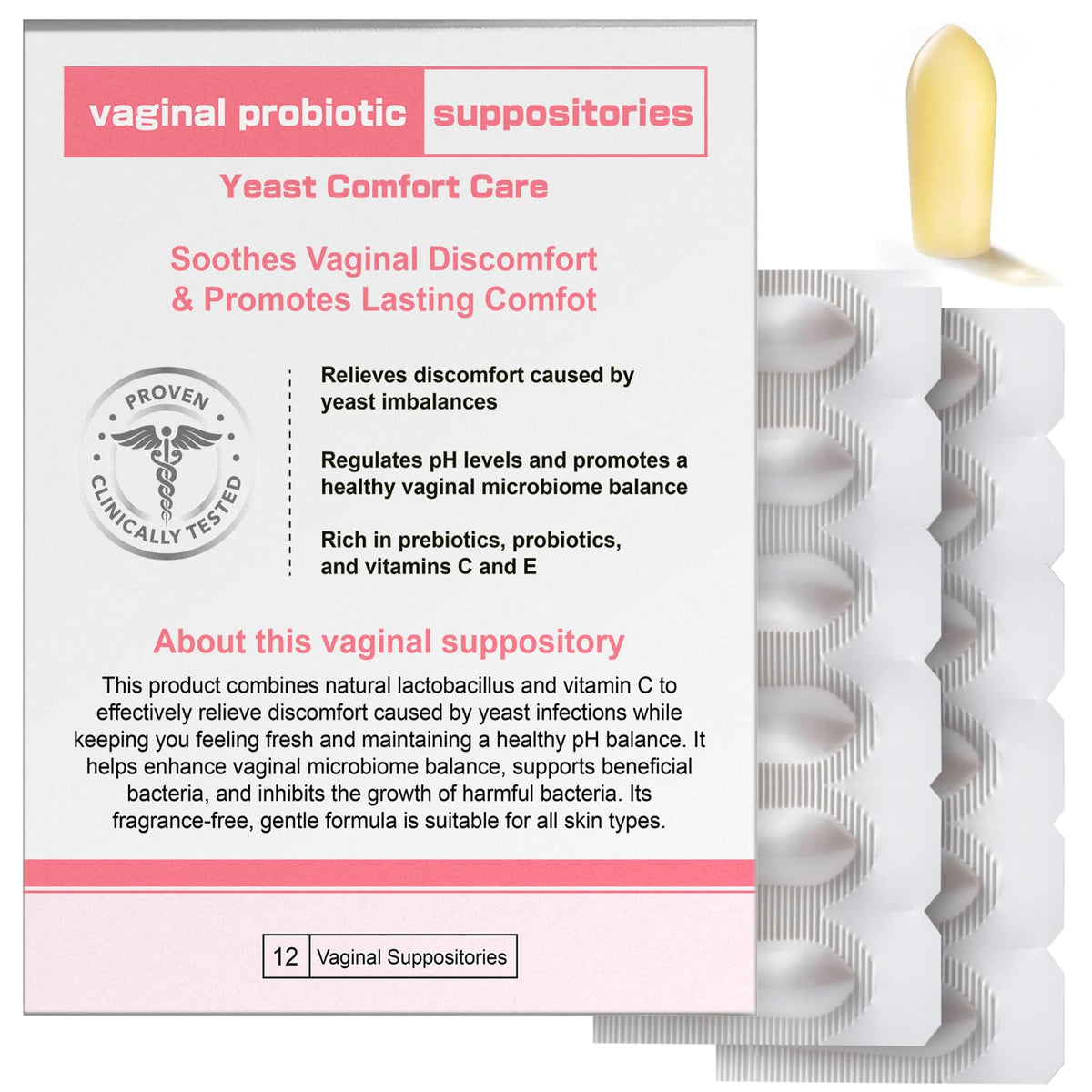Nahid Vaginal probiotic Suppository, hyaluronic Acid Suppositories, Vaginal moisturizer, PH Balance, Restores Healthy Vaginal Odor, Yeast Comfort Care (12 Inserts) - FENGGESTORE20
