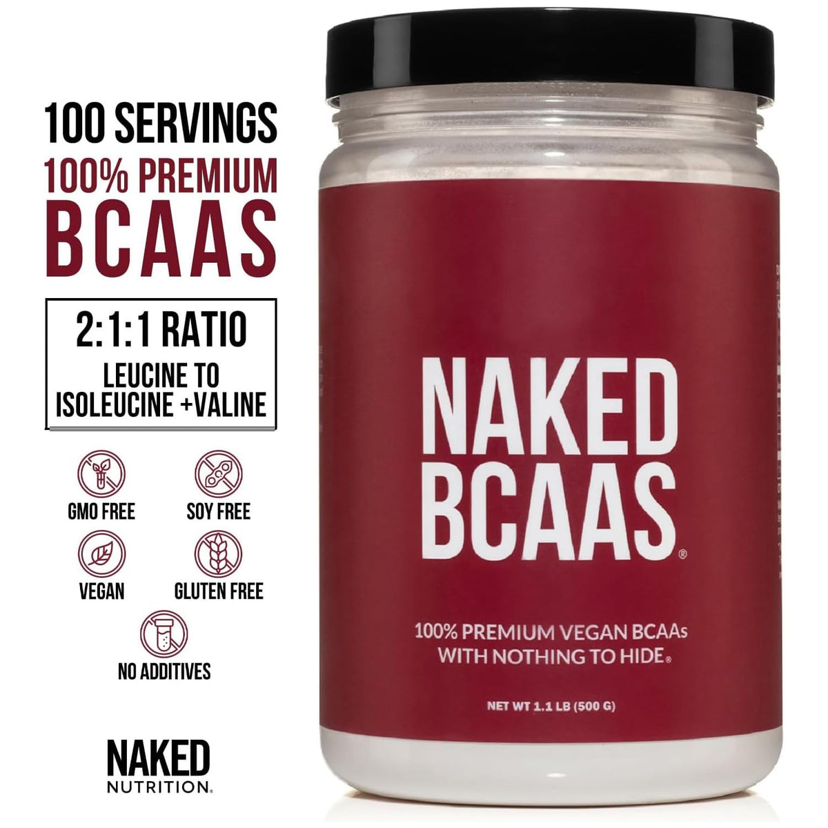 NAKED BCAAs Amino Acids Powder, Only 1 Ingredient, Pure 2:1:1 Formula, Vegan Unflavored Branched Chain Amino Acids, Instantized All Natural BCAA Supplement - 500 Grams, 100 Servings - FENGGESTORE20