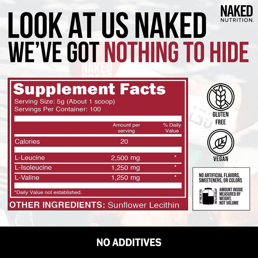 NAKED BCAAs Amino Acids Powder, Only 1 Ingredient, Pure 2:1:1 Formula, Vegan Unflavored Branched Chain Amino Acids, Instantized All Natural BCAA Supplement - 500 Grams, 100 Servings - FENGGESTORE20