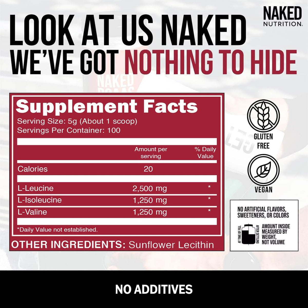 NAKED BCAAs Amino Acids Powder, Only 1 Ingredient, Pure 2:1:1 Formula, Vegan Unflavored Branched Chain Amino Acids, Instantized All Natural BCAA Supplement - 500 Grams, 100 Servings - FENGGESTORE20