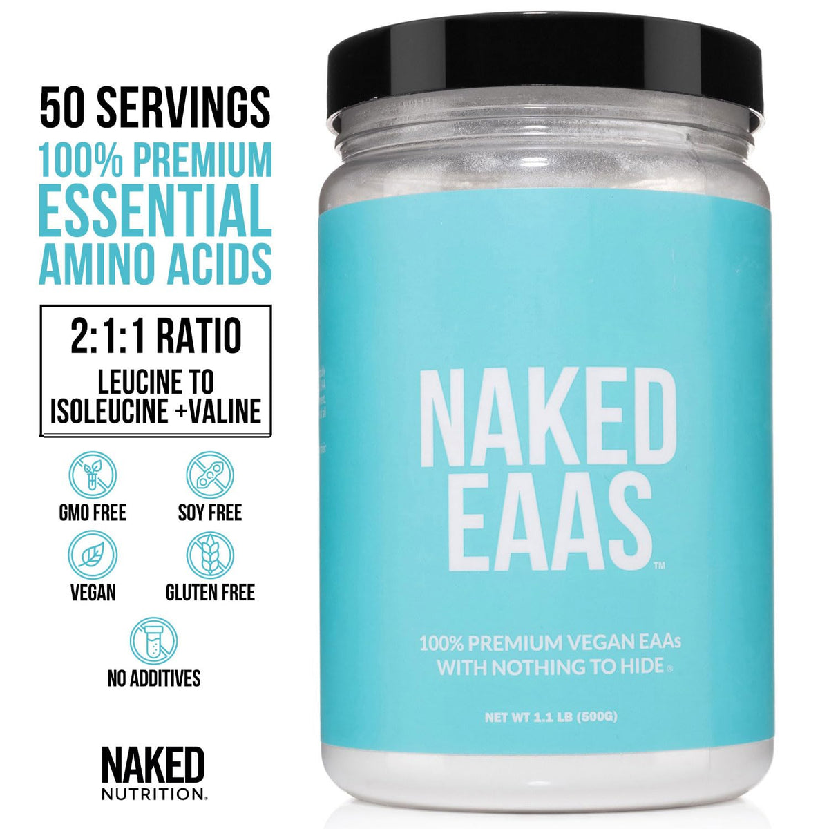 NAKED EAAs Amino Acids Powder - 50 Servings - Vegan Unflavored Essential Amino Acids 500 Grams - Instantized All Natural EAAs Powder Supplement - FENGGESTORE20