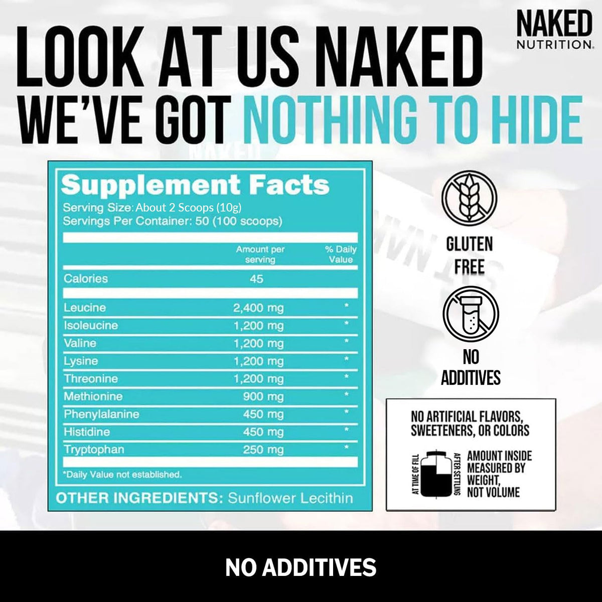 NAKED EAAs Amino Acids Powder - 50 Servings - Vegan Unflavored Essential Amino Acids 500 Grams - Instantized All Natural EAAs Powder Supplement - FENGGESTORE20